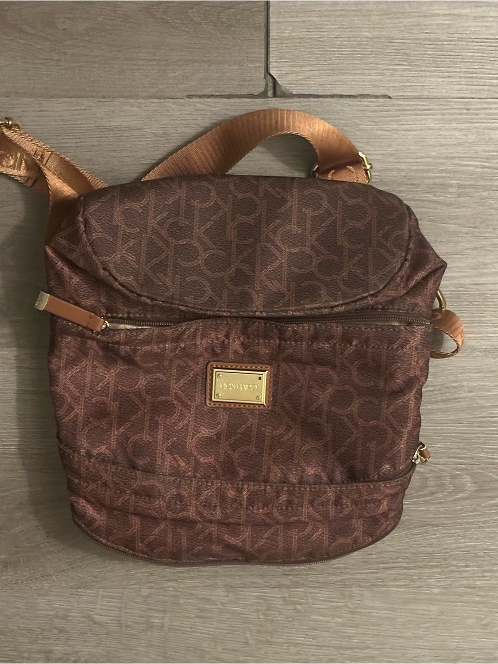 Calvin Klein Brown CK Monogram Small Backpack Leather Strap
